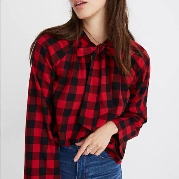 Madewell Tops - Madewell Ragland Tie-Neck‎ Long Sleeve  Buffalo Check Top